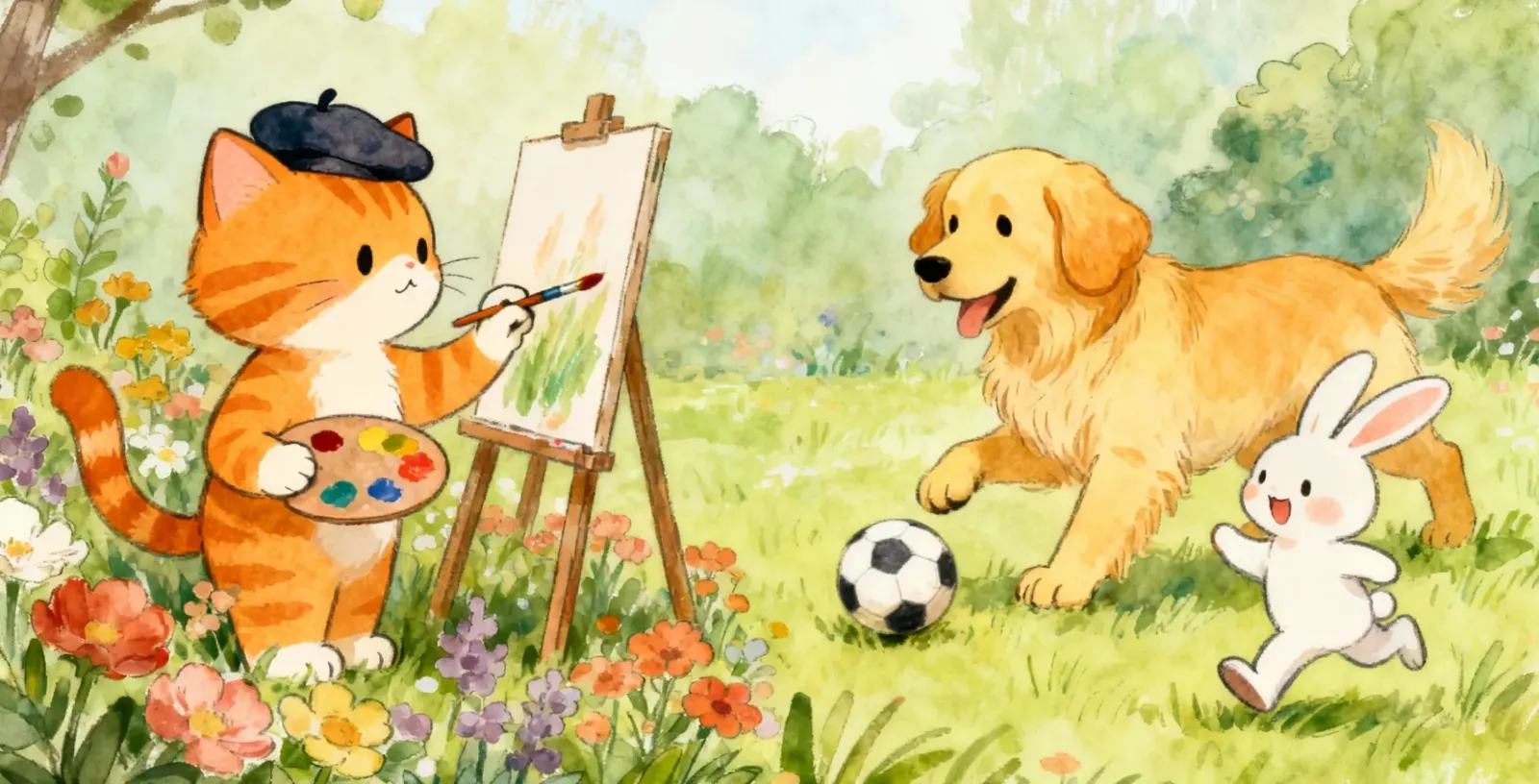 AI Pet Art Gallery - Cat painting a portrait of a dog while a rabbit watches